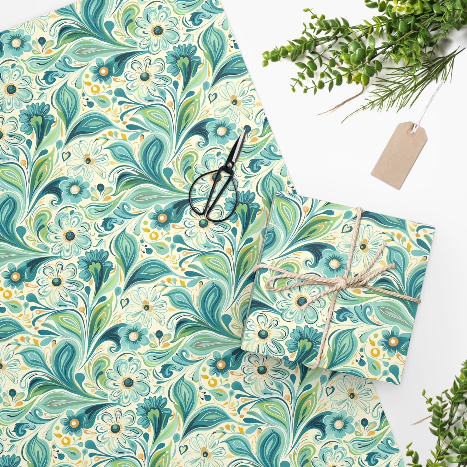 Whimsical Teal Floral Garden Wrapping Paper. Wrap Your Gifts in a Whimsy Wonderland! Available in 2 sizes.