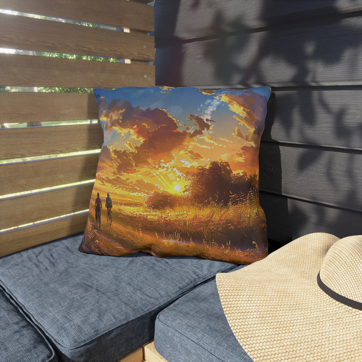 Golden Sunset Ride Square Outdoor Pillow - Spun Polyester - Double-Sided Print - UV-Resistant - Water-Resistant - Available in 3 sizes.
