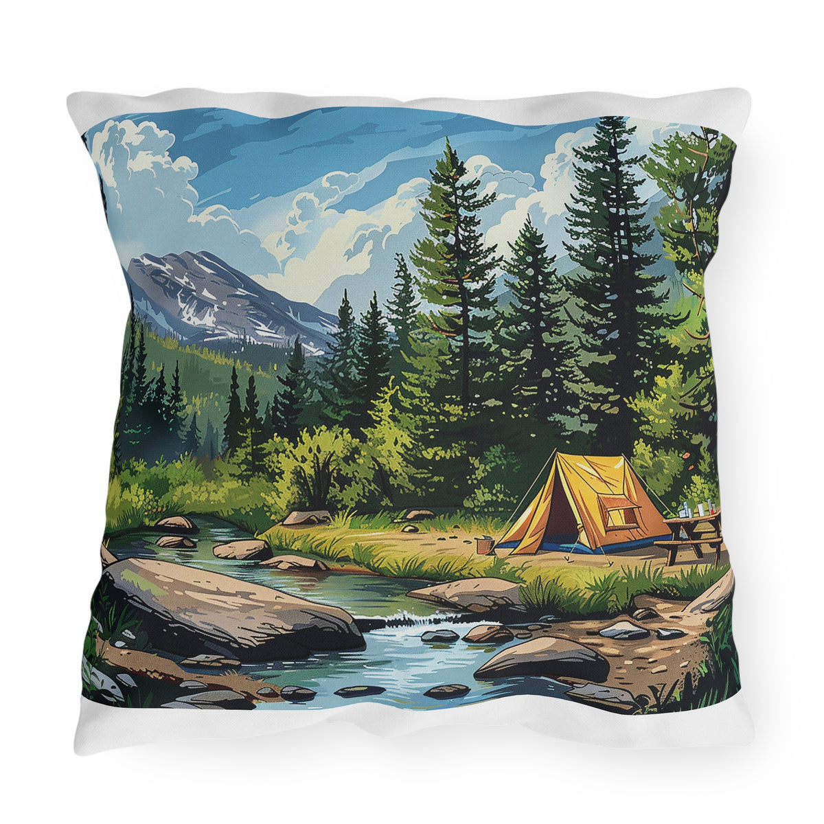 High Sierras Camp Square Outdoor Pillow - Spun Polyester - Double-Sided Print - UV-Resistant - Water-Resistant - Available in 3 sizes.