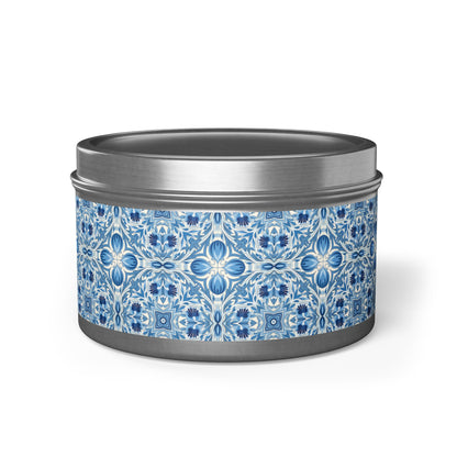 Dutch Blue Tile Tin Candle. Delft Calm, Travel Size. Available in 2 sizes, 3 finishes, and 5 scents.