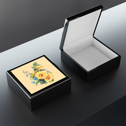 Vintage Yellow Bloom Serenity Jewelry Box - Felt-Lined Rubberwood Keepsake Box with Glossy Printed Lid