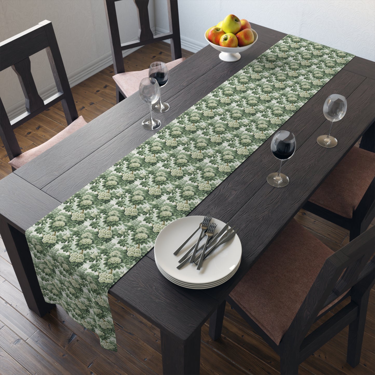 Vintage Green Hydrangea Table Runner - Cotton Twill - Available in 2 sizes: 16" x 72" and 16" x 90".