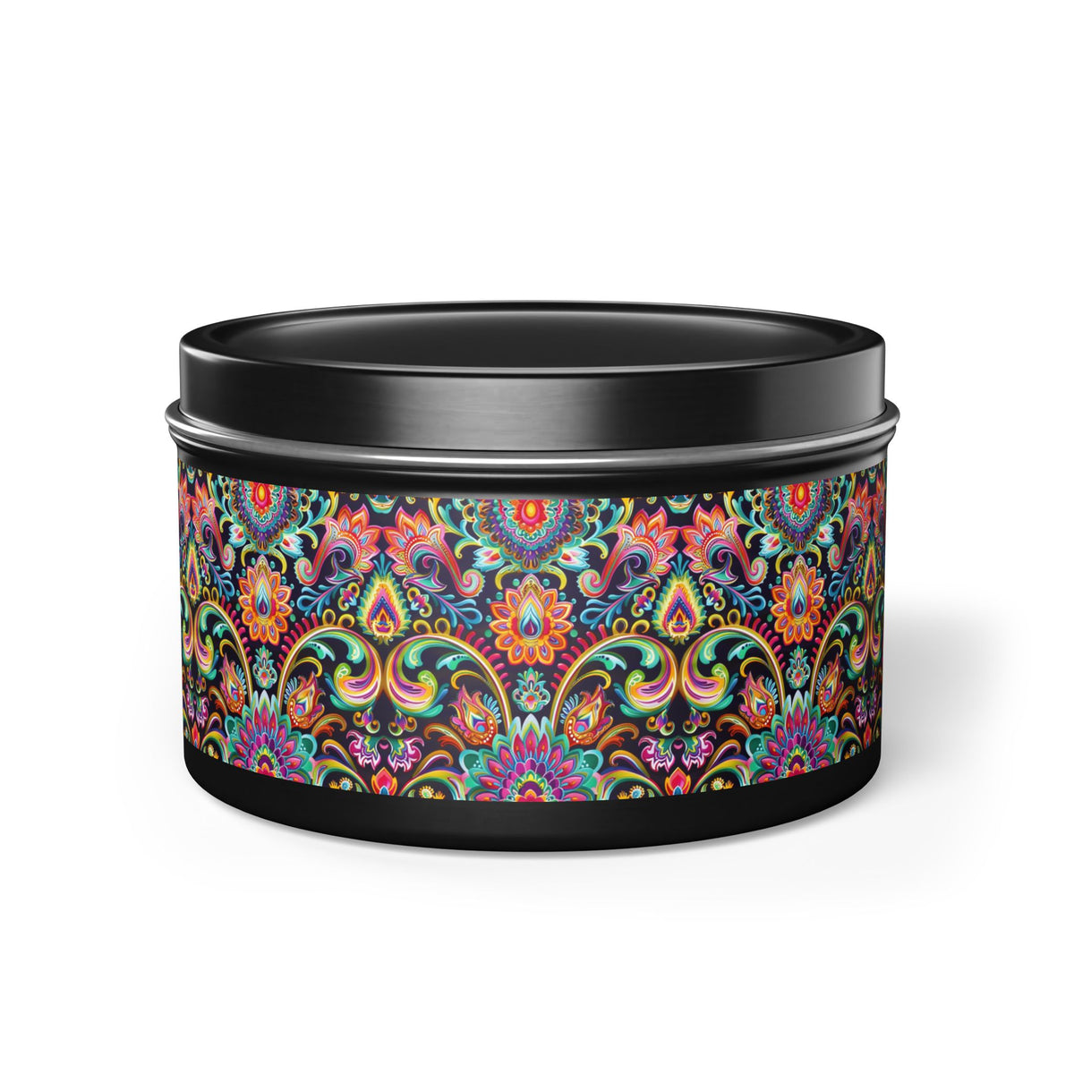 Electric Damask Tin Candle. Timeless Scrollwork, Electric Soul. Available in 2 sizes, 3 finishes, and 5 scents.