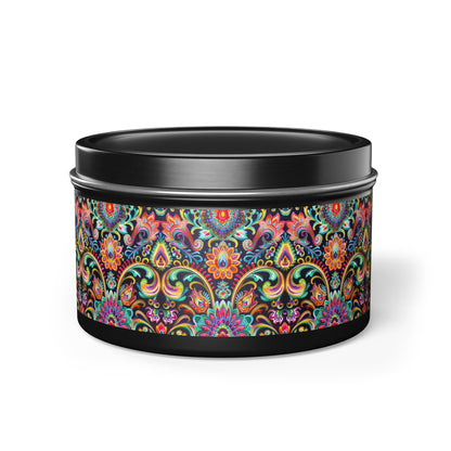 Electric Damask Tin Candle. Timeless Scrollwork, Electric Soul. Available in 2 sizes, 3 finishes, and 5 scents.