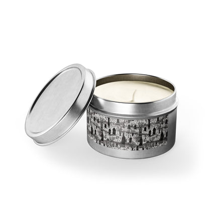 Spooky Gothic Cemetery Chic Halloween Tin Candle. Haunted Elegance, Travel Size. Available in 2 sizes, 3 finishes, and 5 scents.