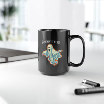Spookin it' Real Chic Retro Ghost Halloween Black Mug  - 11oz, 15oz - Start Your Day with a Ghostly Good Brew!