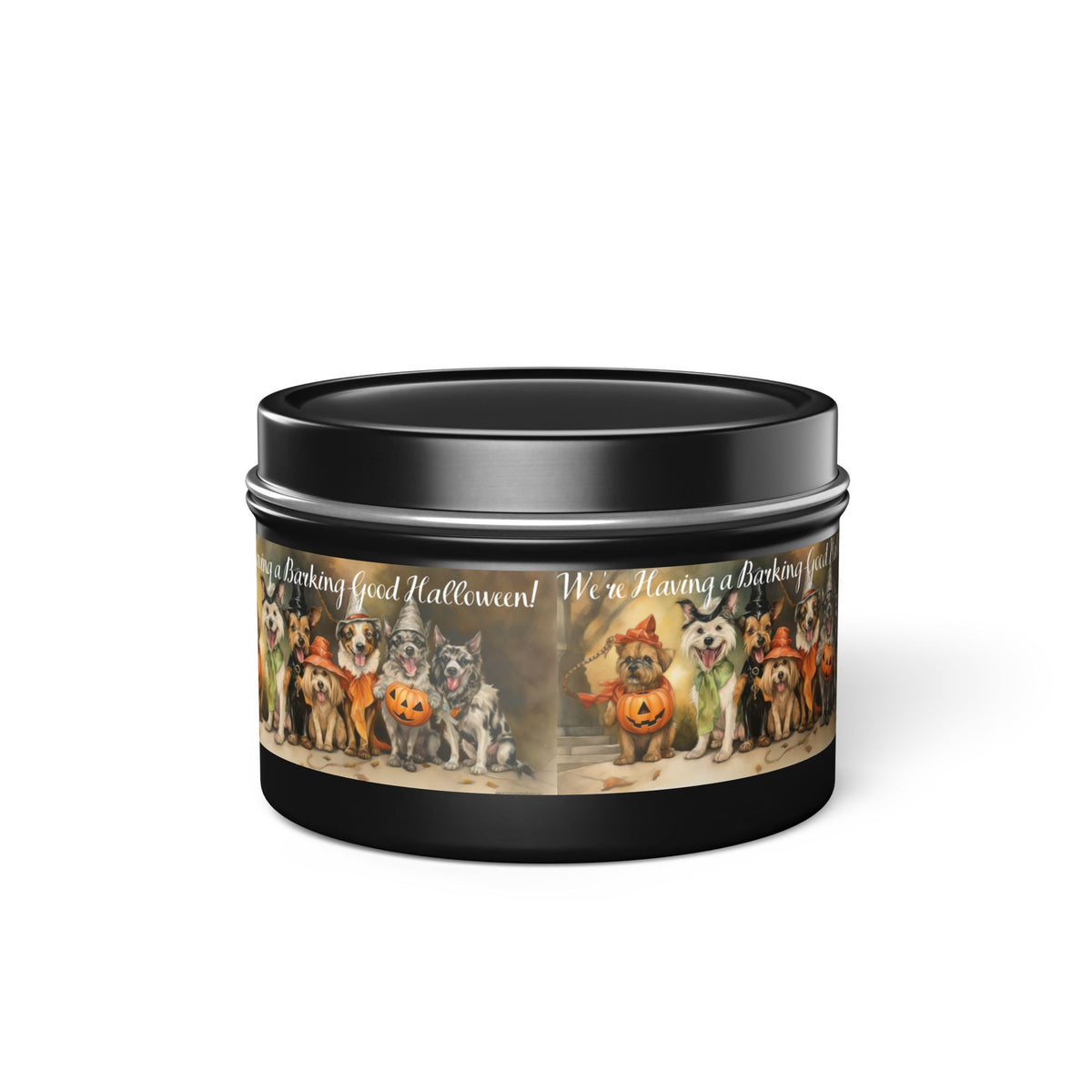 We're Having a Barking Good Halloween! Tin Candle. Spooky Treats in a Tin. Available in 2 sizes, 3 finishes, and 5 scents.