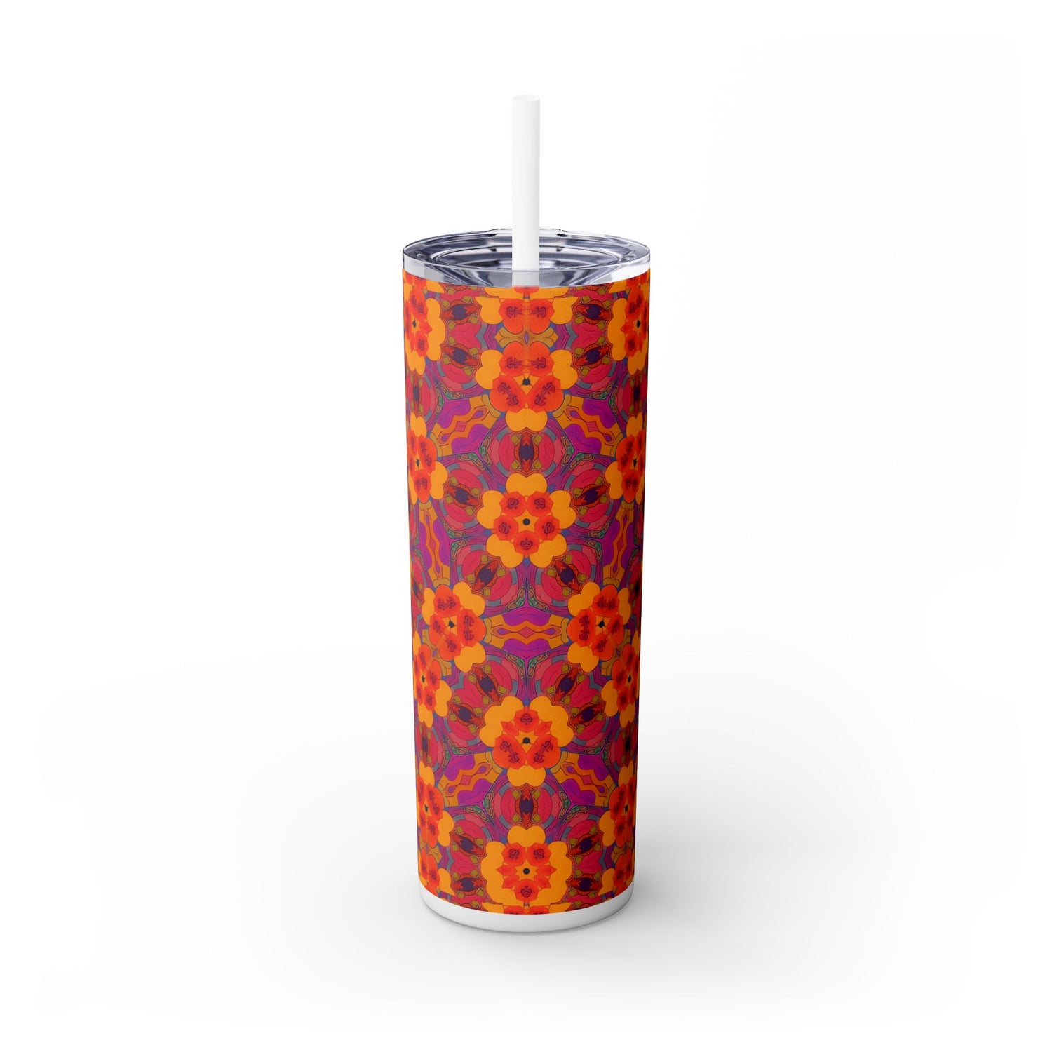 Kaleidoscope Blossom Charm Skinny Tumbler with Straw - 20 oz. Insulated Stainless Steel - Turn Every Sip into a Kaleidoscope of Color!