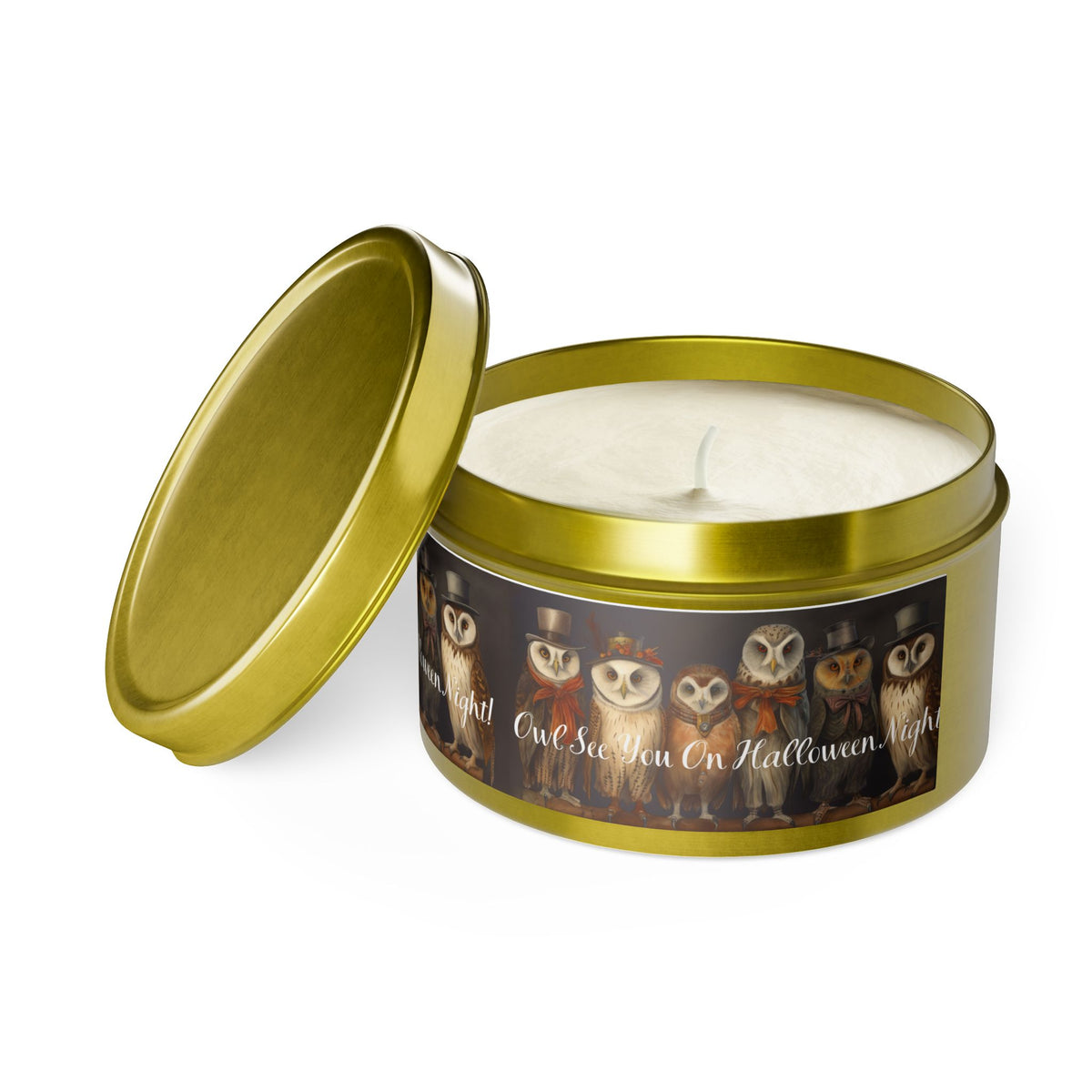 Owl See You on Halloween Night! Tin Candle. A Wise Glow for Spooky Nights. Available in 2 sizes, 3 finishes, and 5 scents.