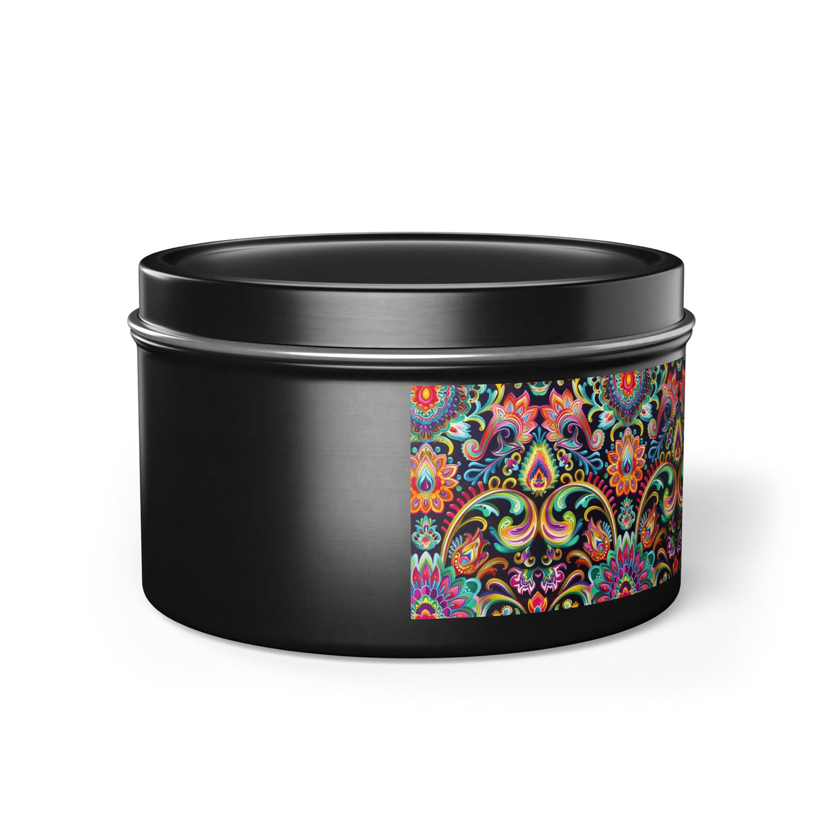 Electric Damask Tin Candle. Timeless Scrollwork, Electric Soul. Available in 2 sizes, 3 finishes, and 5 scents.