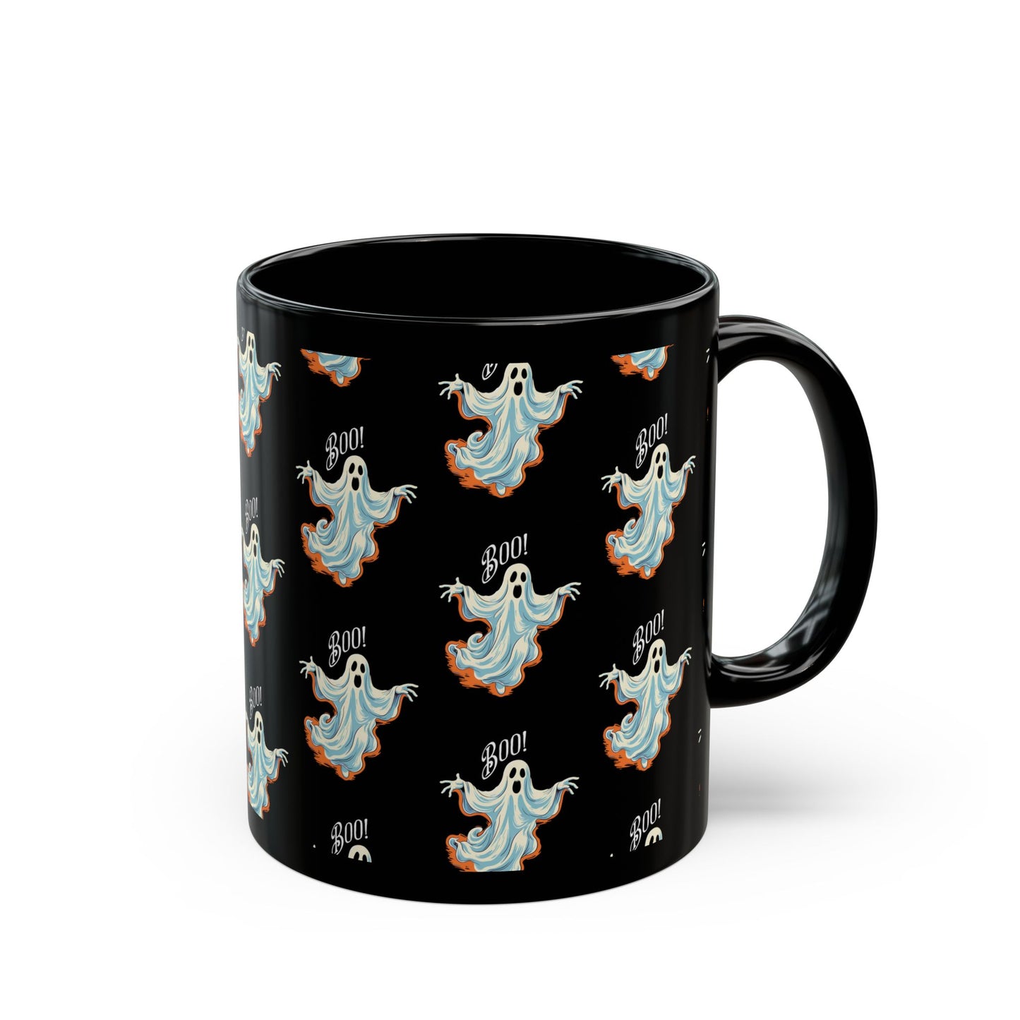 Boo! Chic Retro Ghost Halloween Black Mug - 11oz, 15oz - Sip in Spooky Style with a Retro Twist!
