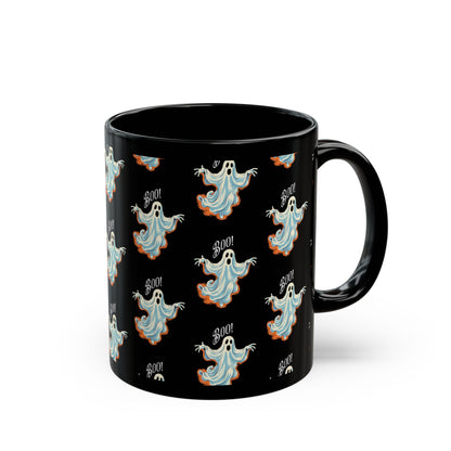 Boo! Chic Retro Ghost Halloween Black Mug - 11oz, 15oz - Sip in Spooky Style with a Retro Twist!
