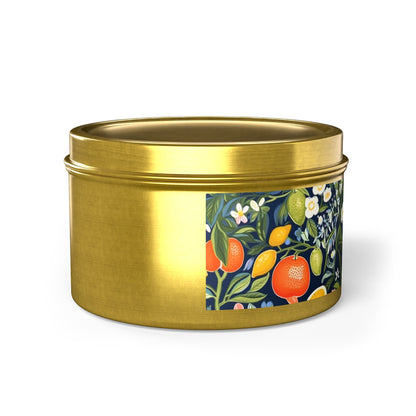 Magical Fruitiness Tin Candle. A Fruit-Splashed Flicker. Available in 2 sizes, 3 finishes, and 5 scents.