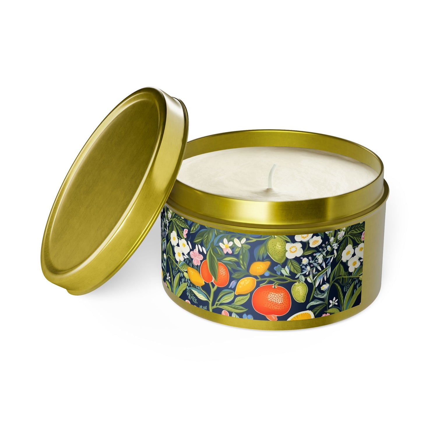 Magical Fruitiness Tin Candle. A Fruit-Splashed Flicker. Available in 2 sizes, 3 finishes, and 5 scents.