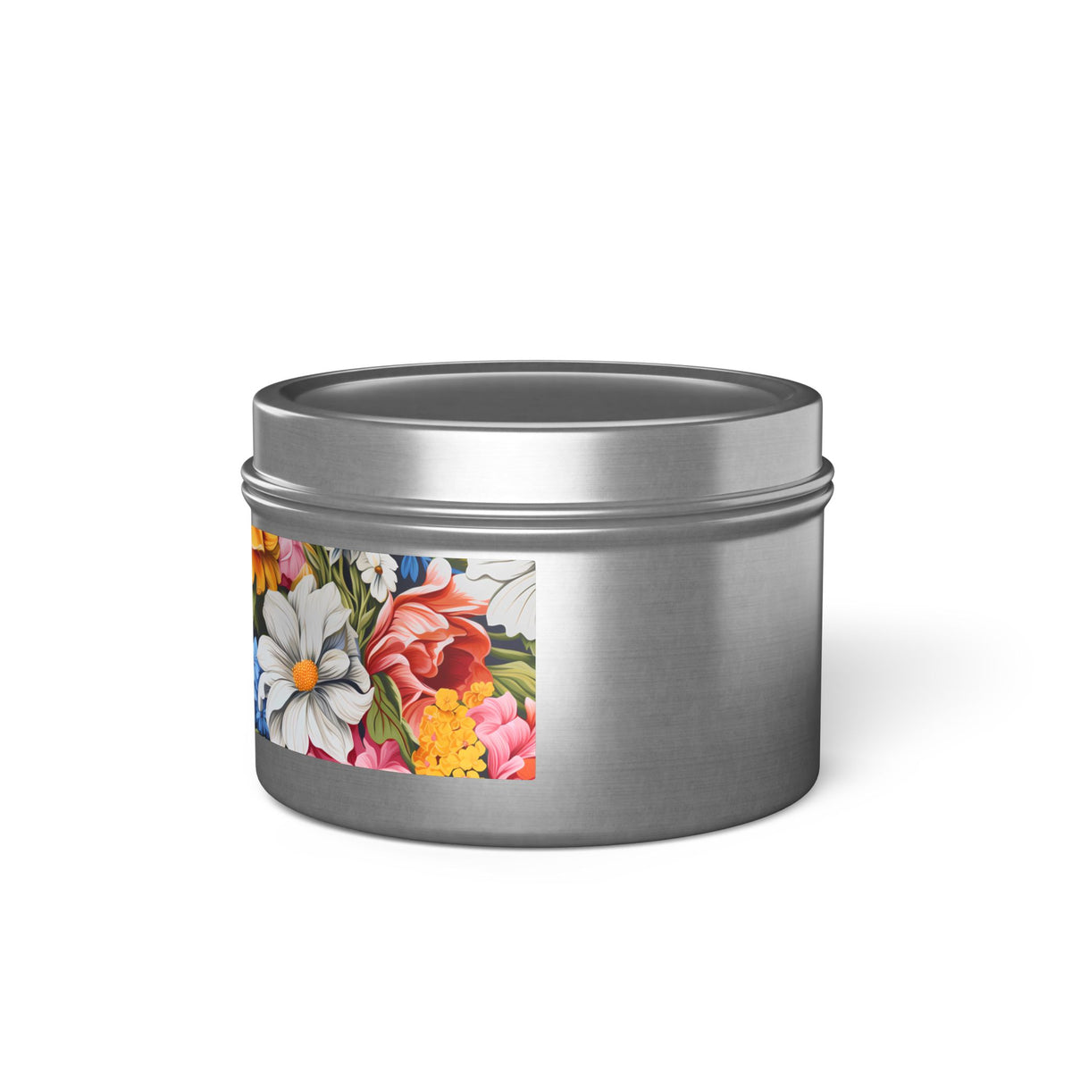 Chic Floral Tin Candle. Blooms That Travel Well. Available in 2 sizes, 3 finishes, and 5 scents.