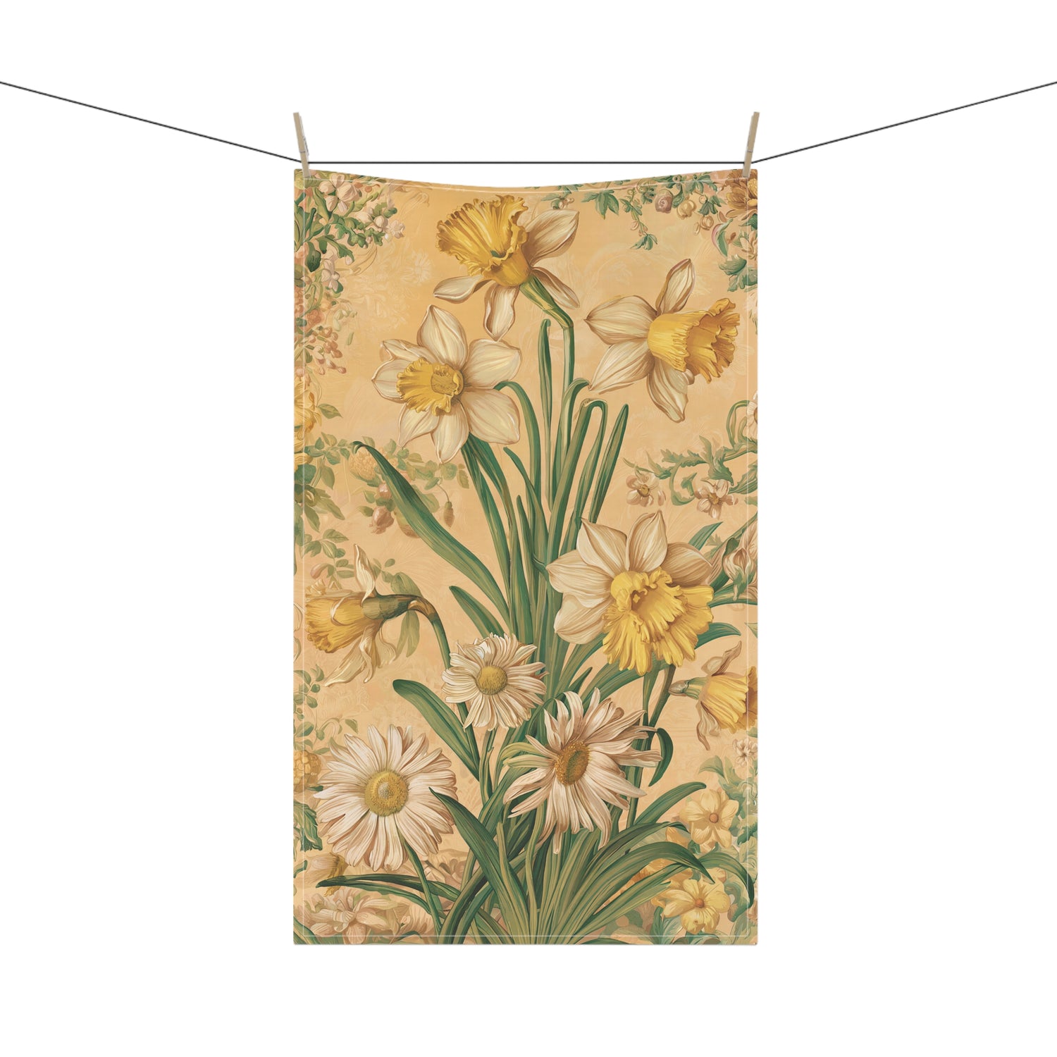 Daisy and Narcissus Nostalgia Kitchen Towel - Cotton Twill - 18" x 30" - Bloom in Elegance, Bask in Vintage Daisy and Daffodil Charm!