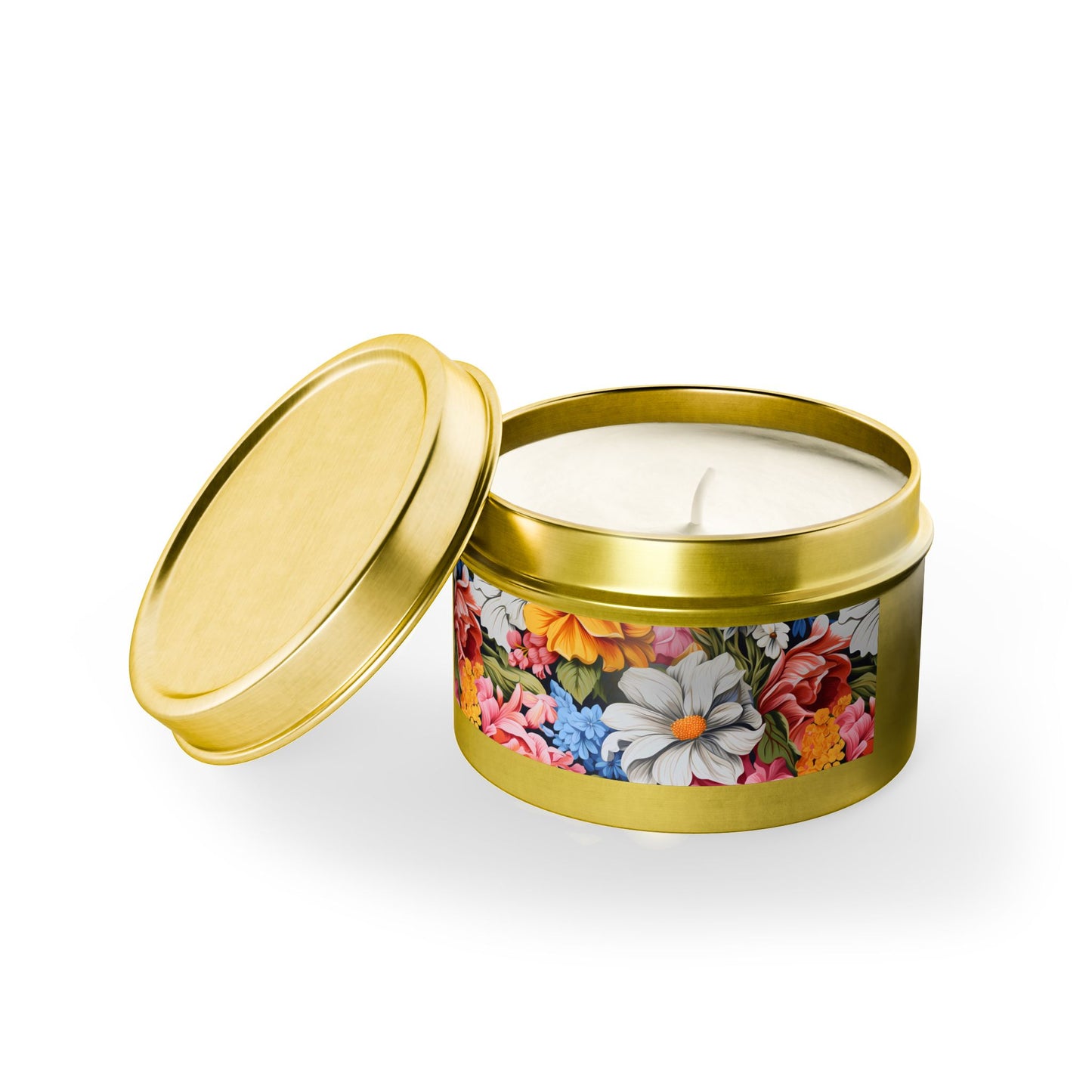 Chic Floral Tin Candle. Blooms That Travel Well. Available in 2 sizes, 3 finishes, and 5 scents.
