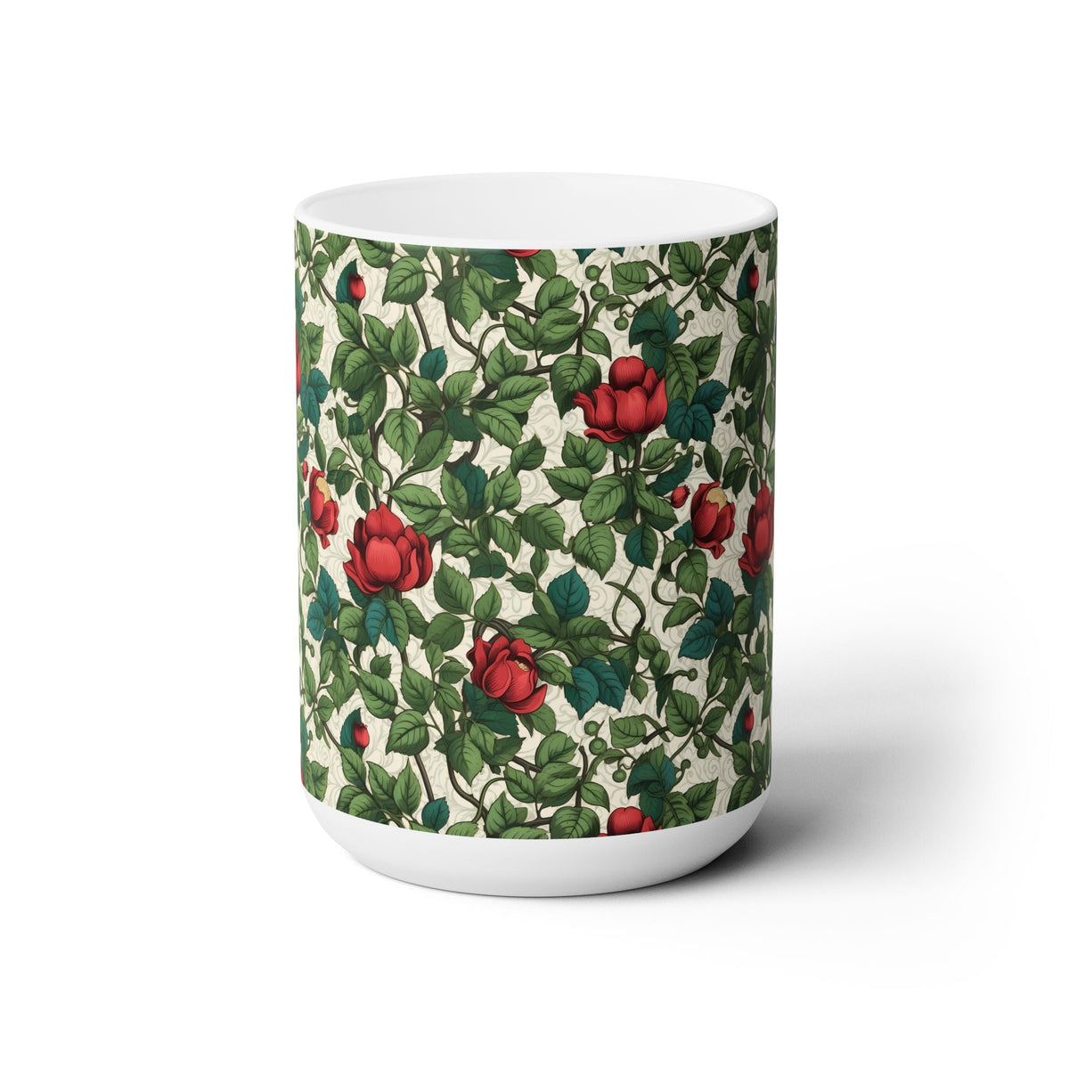 Classic Red Rose & Vine ceramic mug, 15 oz, front view showing the full rose and vine wraparound print