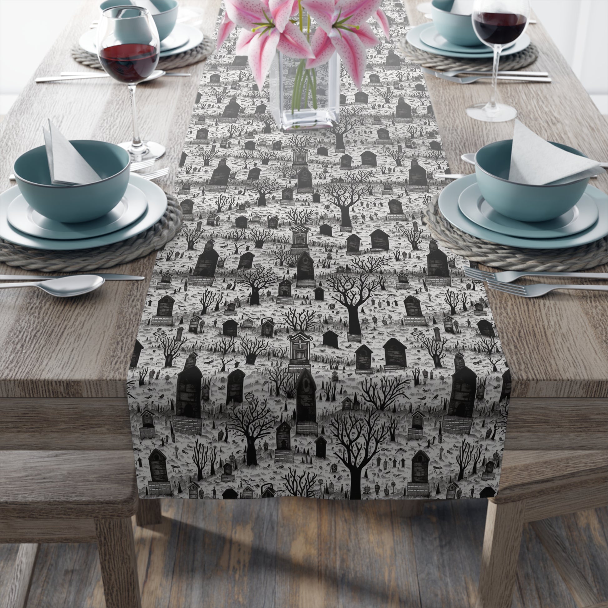 Spooky Gothic Cemetery Chic Table Runner - Where Elegance Meets Halloween's Eerie Charm! Available in 2 Sizes.