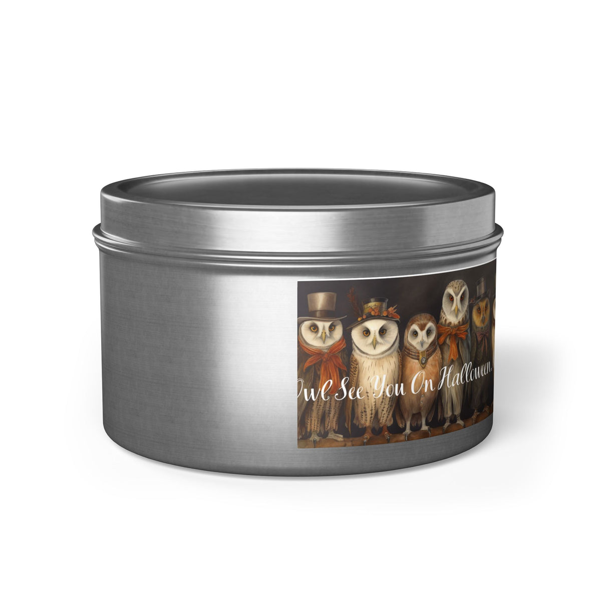 Owl See You on Halloween Night! Tin Candle. A Wise Glow for Spooky Nights. Available in 2 sizes, 3 finishes, and 5 scents.