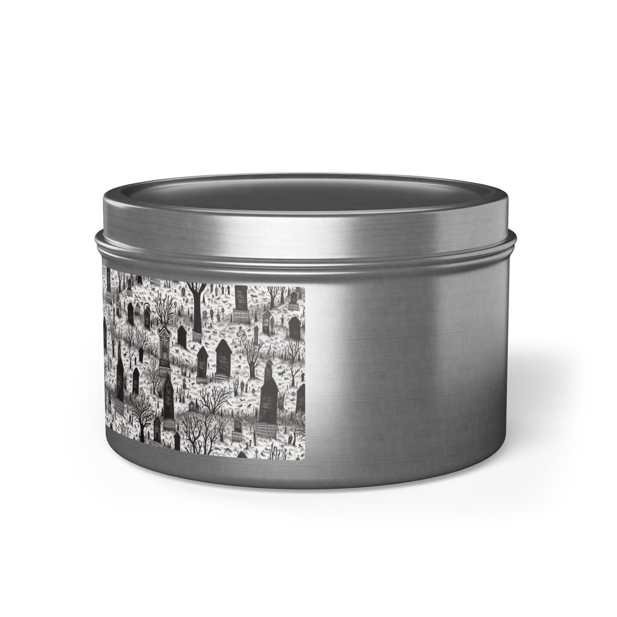 Spooky Gothic Cemetery Chic Halloween Tin Candle. Haunted Elegance, Travel Size. Available in 2 sizes, 3 finishes, and 5 scents.