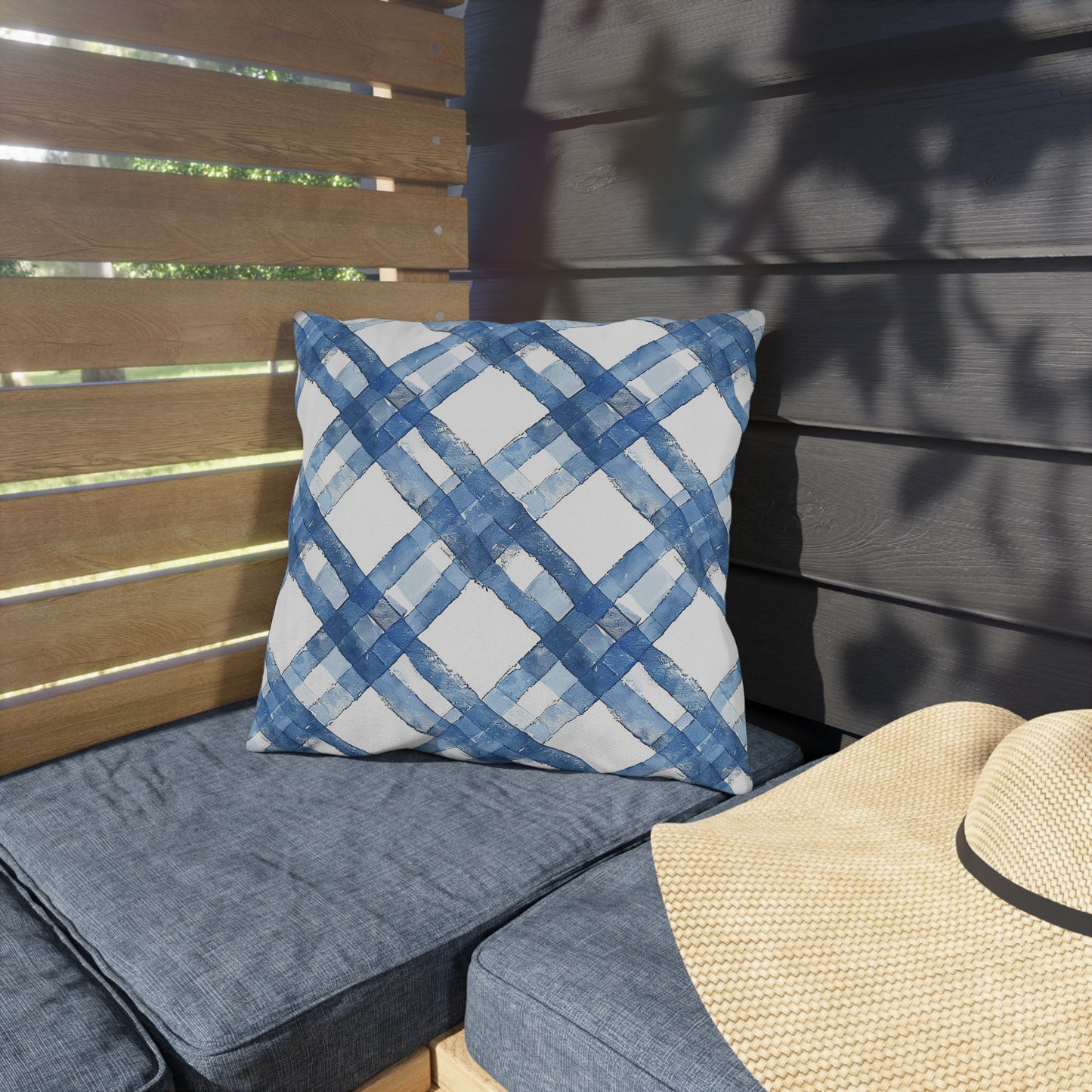 Blue Breeze Gingham Square Outdoor Pillow - Spun Polyester - Double-Sided Print - UV-Resistant - Water-Resistant - Available in 3 sizes.