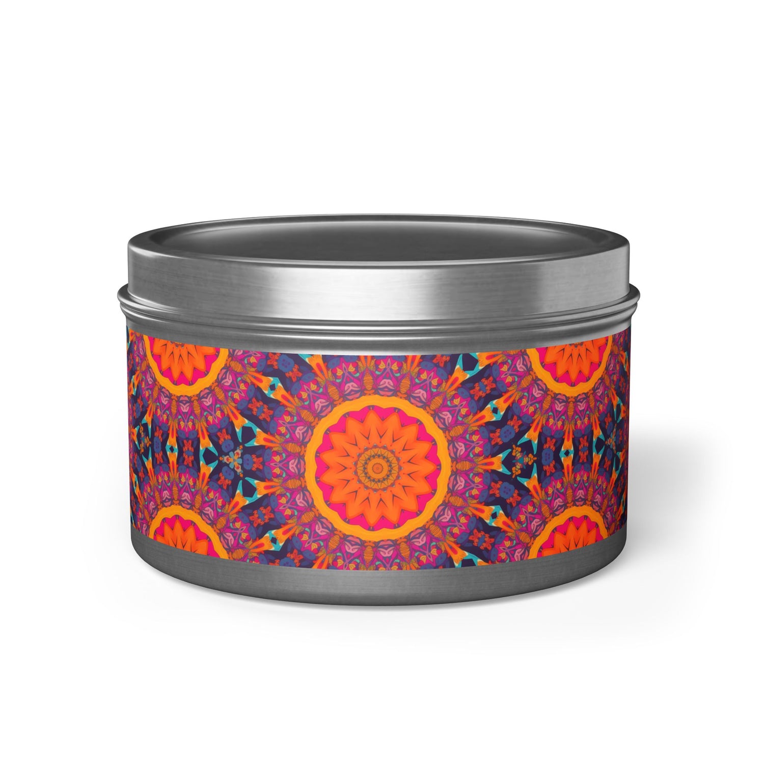 Fiery Mosaic Tin Candle. Light Up Your Space with Colorful Charm! Available in 2 sizes, 3 finishes, and 5 scents.