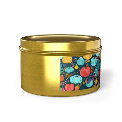 Fall Pumpkin Dance Tin Candle. Autumn's Dance in a Tin. Available in 2 sizes, 3 finishes, and 5 scents.