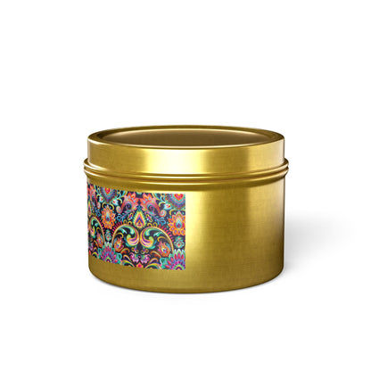Electric Damask Tin Candle. Timeless Scrollwork, Electric Soul. Available in 2 sizes, 3 finishes, and 5 scents.