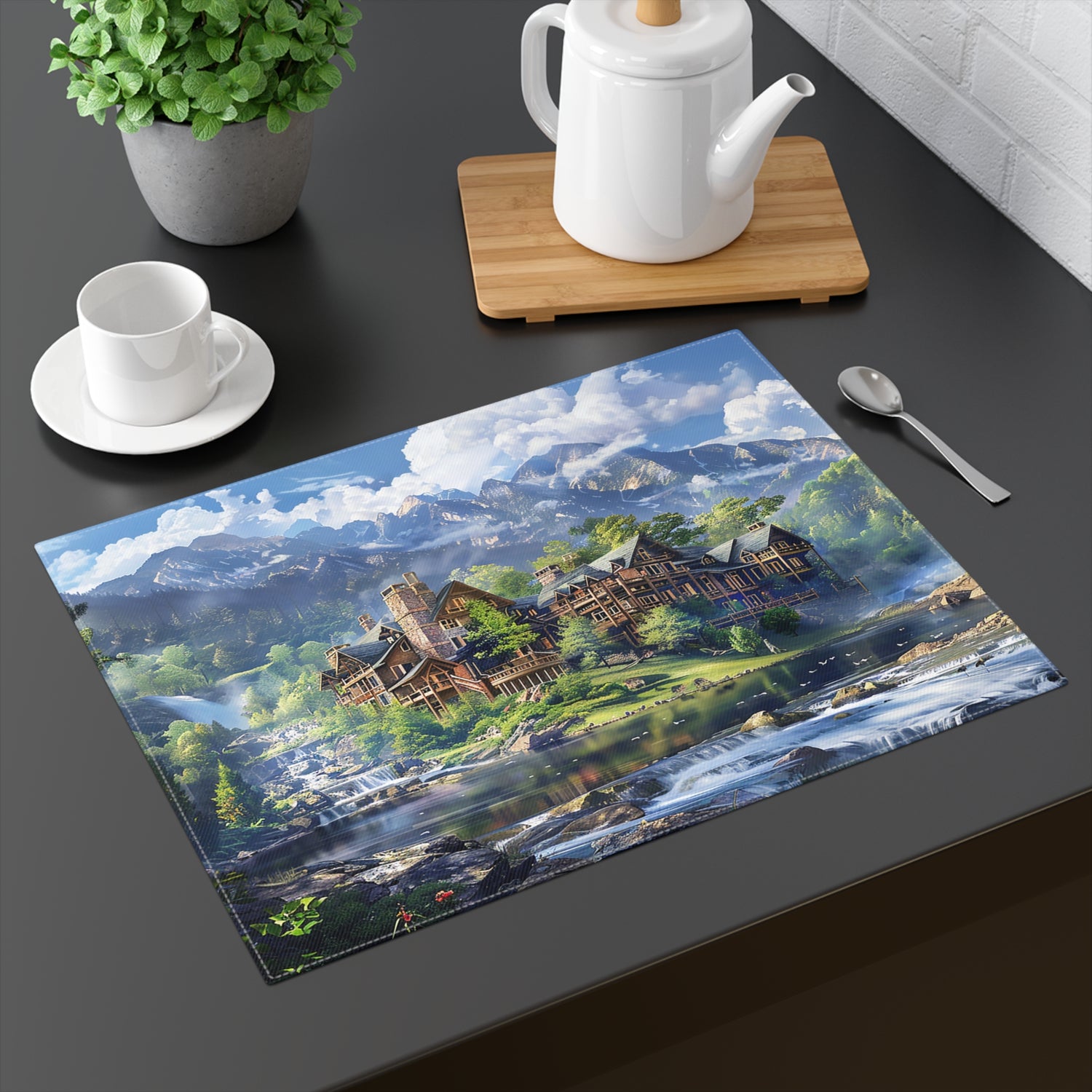 Grand Mountain Lodge Placemat - Dine in Luxury, Surrounded by Nature's Majesty! Cotton Twill - 18" x 14"