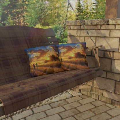 Golden Sunset Ride Square Outdoor Pillow - Spun Polyester - Double-Sided Print - UV-Resistant - Water-Resistant - Available in 3 sizes.