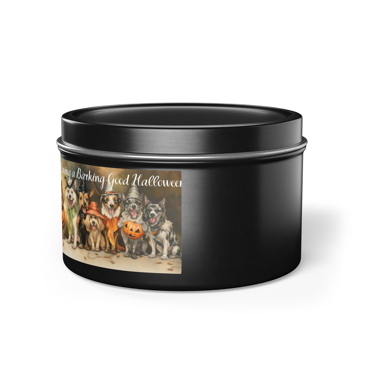 We're Having a Barking Good Halloween! Tin Candle. Spooky Treats in a Tin. Available in 2 sizes, 3 finishes, and 5 scents.