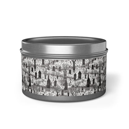 Spooky Gothic Cemetery Chic Halloween Tin Candle. Haunted Elegance, Travel Size. Available in 2 sizes, 3 finishes, and 5 scents.