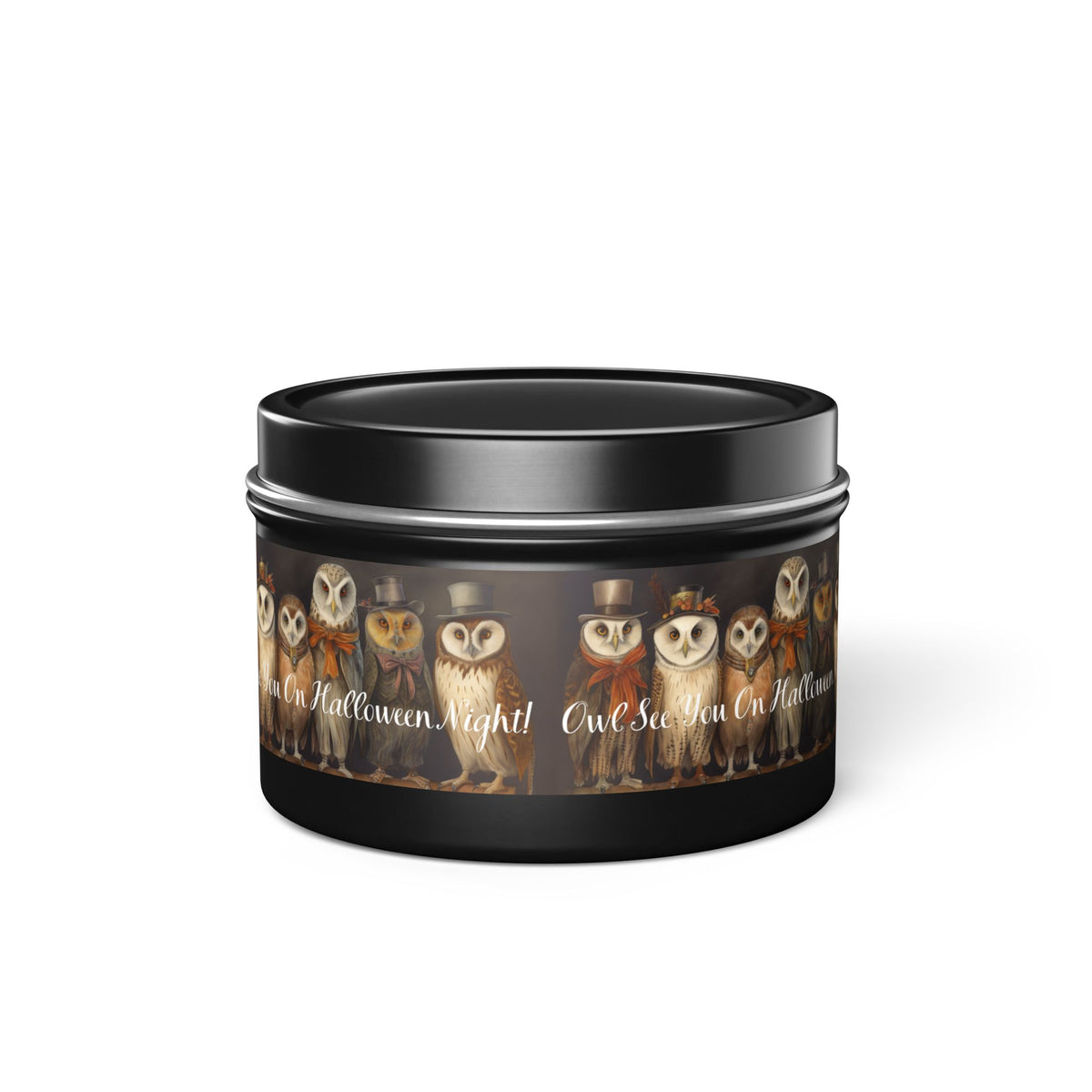 Owl See You on Halloween Night! Tin Candle. A Wise Glow for Spooky Nights. Available in 2 sizes, 3 finishes, and 5 scents.