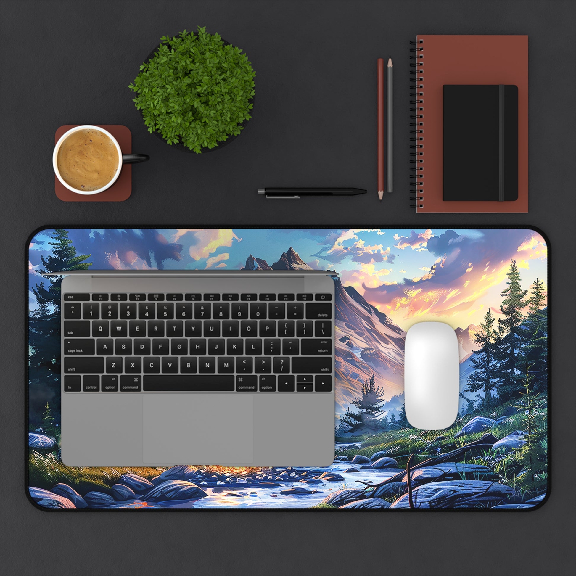 Mountain Creekside Campfire Desk Mat (Desk Pad) - Escape to the Mountains with Every Task! Available in 3 sizes.