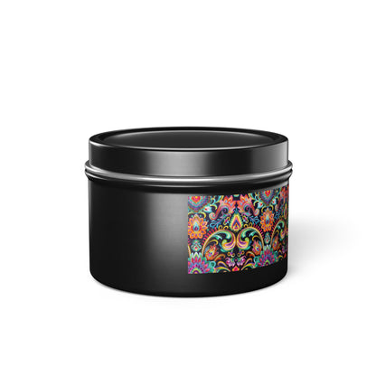 Electric Damask Tin Candle. Timeless Scrollwork, Electric Soul. Available in 2 sizes, 3 finishes, and 5 scents.