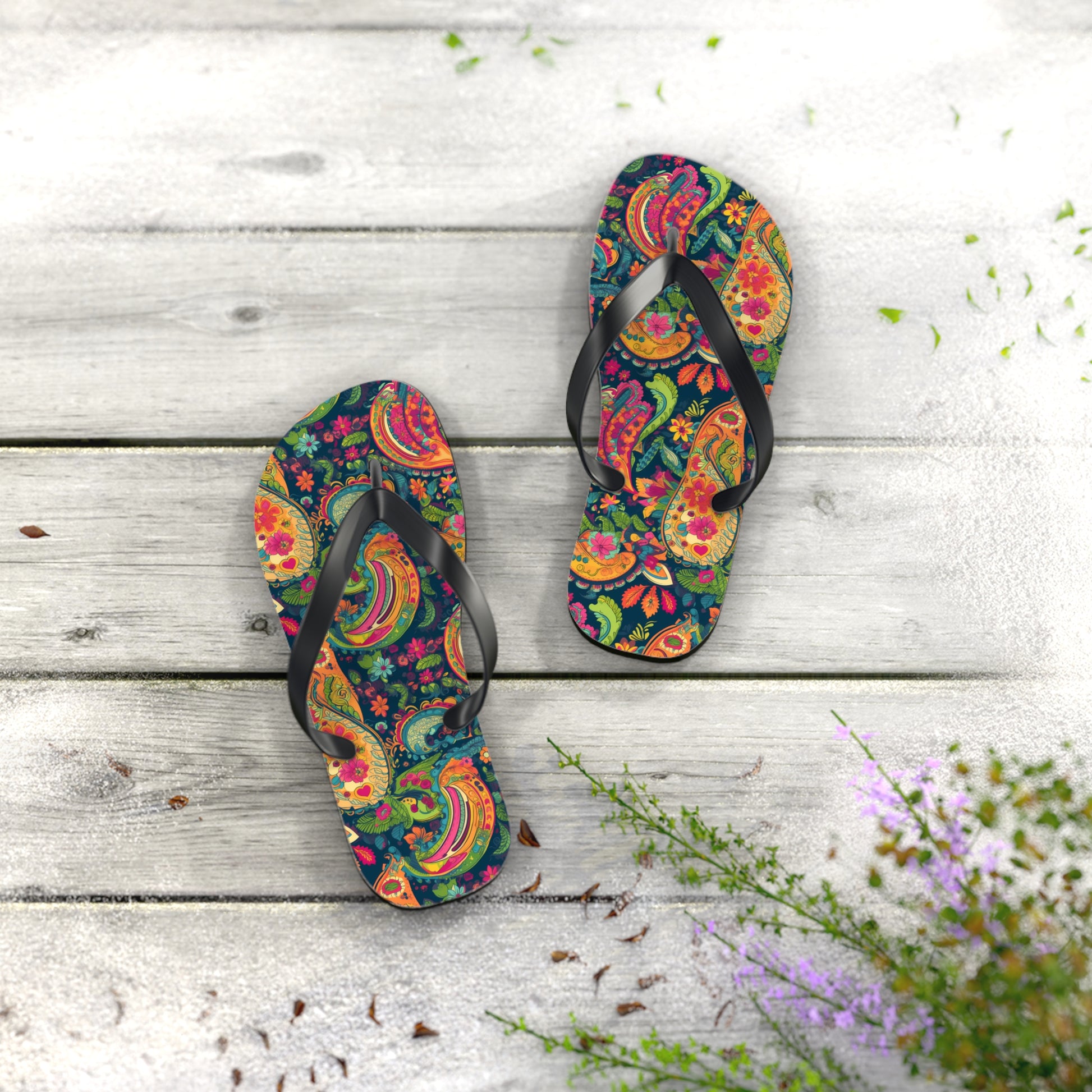 Psychedelic Paisley Party Flip Flops. 5/8" Thick Comfortable Summer or Winter Gym/Sauna Footwear for Men and Women.
