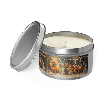 We're Having a Barking Good Halloween! Tin Candle. Spooky Treats in a Tin. Available in 2 sizes, 3 finishes, and 5 scents.