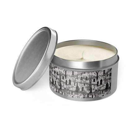 Spooky Gothic Cemetery Chic Halloween Tin Candle. Haunted Elegance, Travel Size. Available in 2 sizes, 3 finishes, and 5 scents.