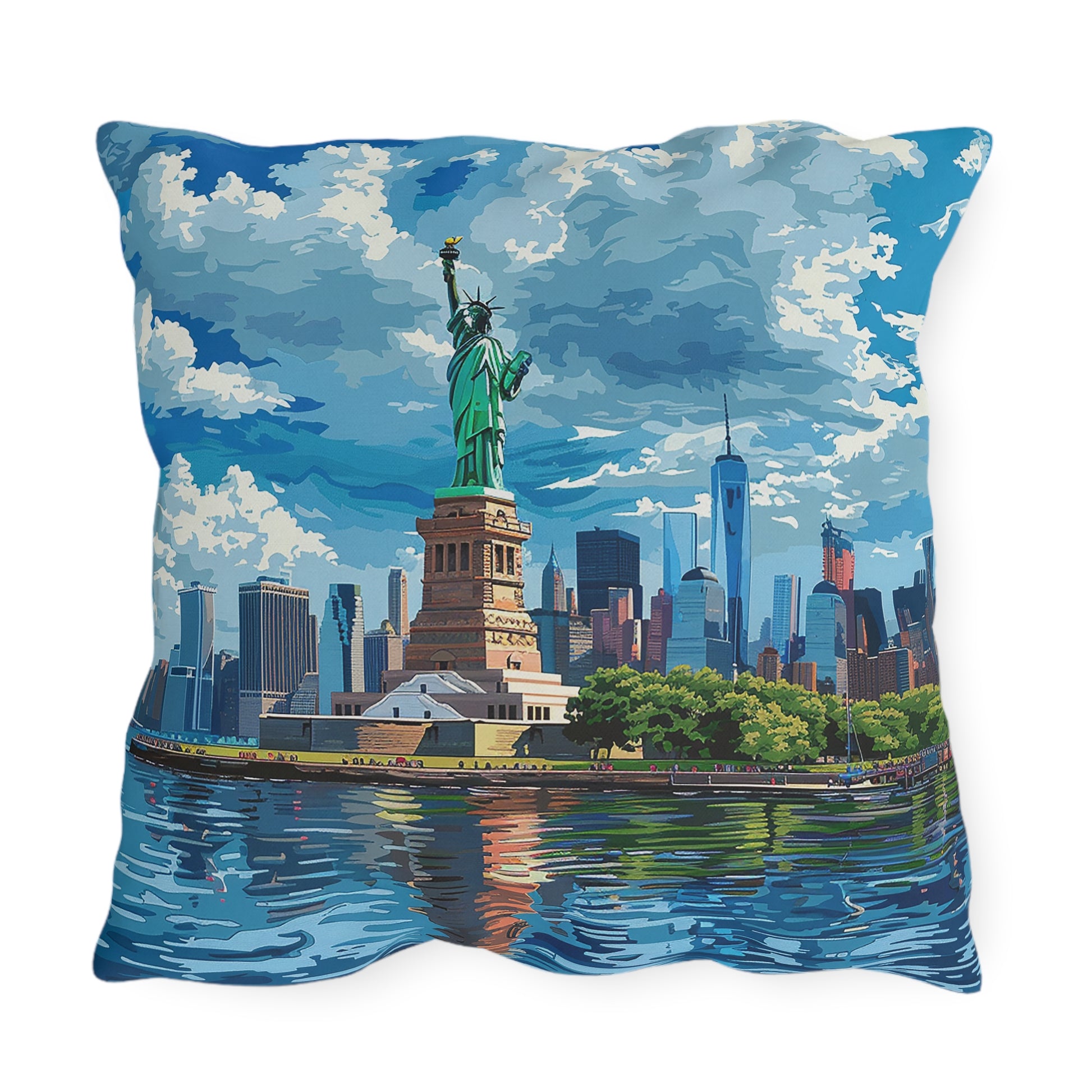 Statue of Liberty Square Outdoor Pillow - Spun Polyester - Double-Sided Print - UV-Resistant - Water Resistant - Available in 3 sizes.