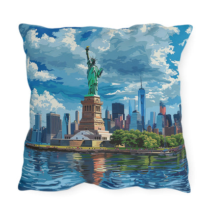 Statue of Liberty Square Outdoor Pillow - Spun Polyester - Double-Sided Print - UV-Resistant - Water Resistant - Available in 3 sizes.