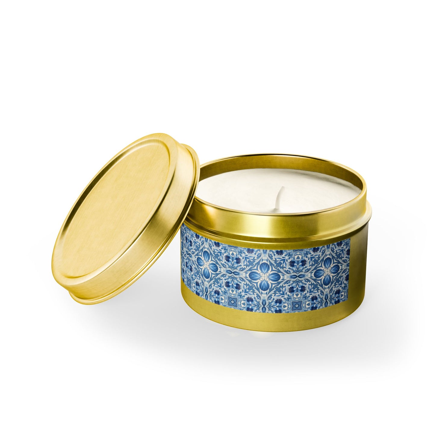 Dutch Blue Tile Tin Candle. Delft Calm, Travel Size. Available in 2 sizes, 3 finishes, and 5 scents.