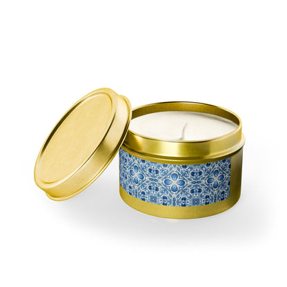 Dutch Blue Tile Tin Candle. Delft Calm, Travel Size. Available in 2 sizes, 3 finishes, and 5 scents.