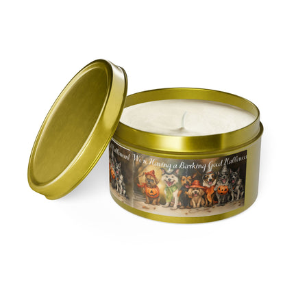 We're Having a Barking Good Halloween! Tin Candle. Spooky Treats in a Tin. Available in 2 sizes, 3 finishes, and 5 scents.
