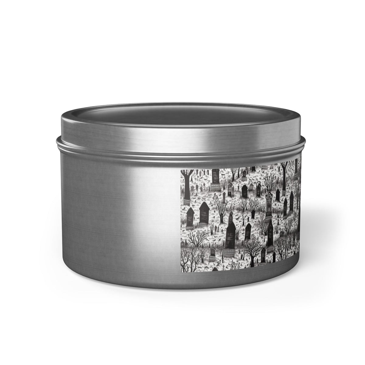 Spooky Gothic Cemetery Chic Halloween Tin Candle. Haunted Elegance, Travel Size. Available in 2 sizes, 3 finishes, and 5 scents.