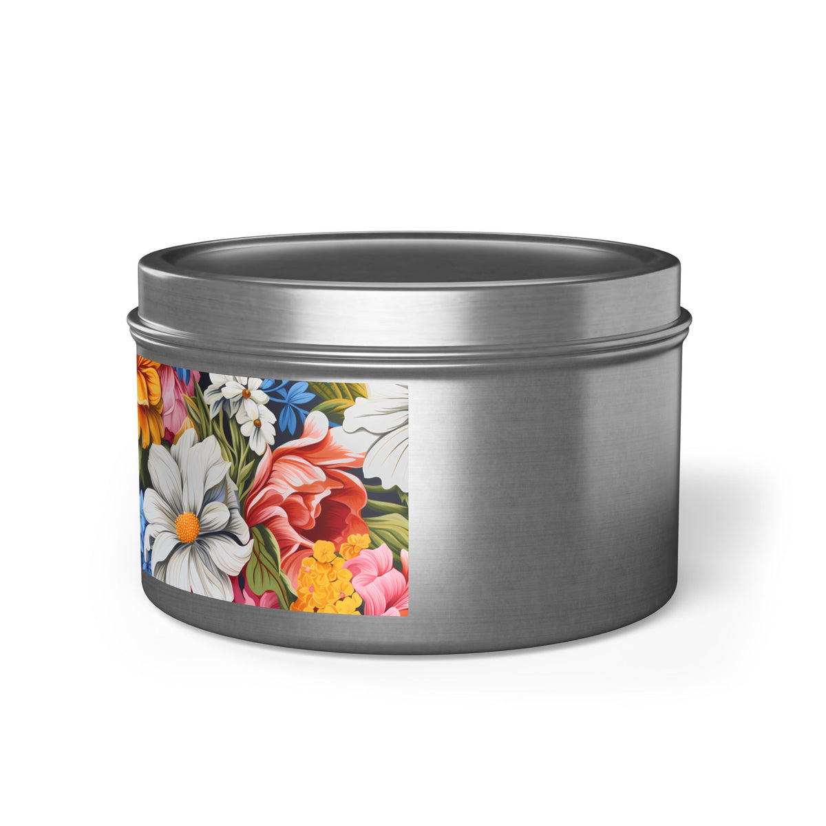 Chic Floral Tin Candle. Blooms That Travel Well. Available in 2 sizes, 3 finishes, and 5 scents.