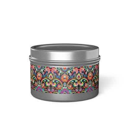 Electric Damask Tin Candle. Timeless Scrollwork, Electric Soul. Available in 2 sizes, 3 finishes, and 5 scents.