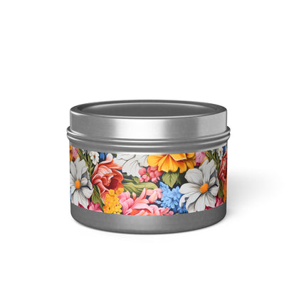 Chic Floral Tin Candle. Blooms That Travel Well. Available in 2 sizes, 3 finishes, and 5 scents.
