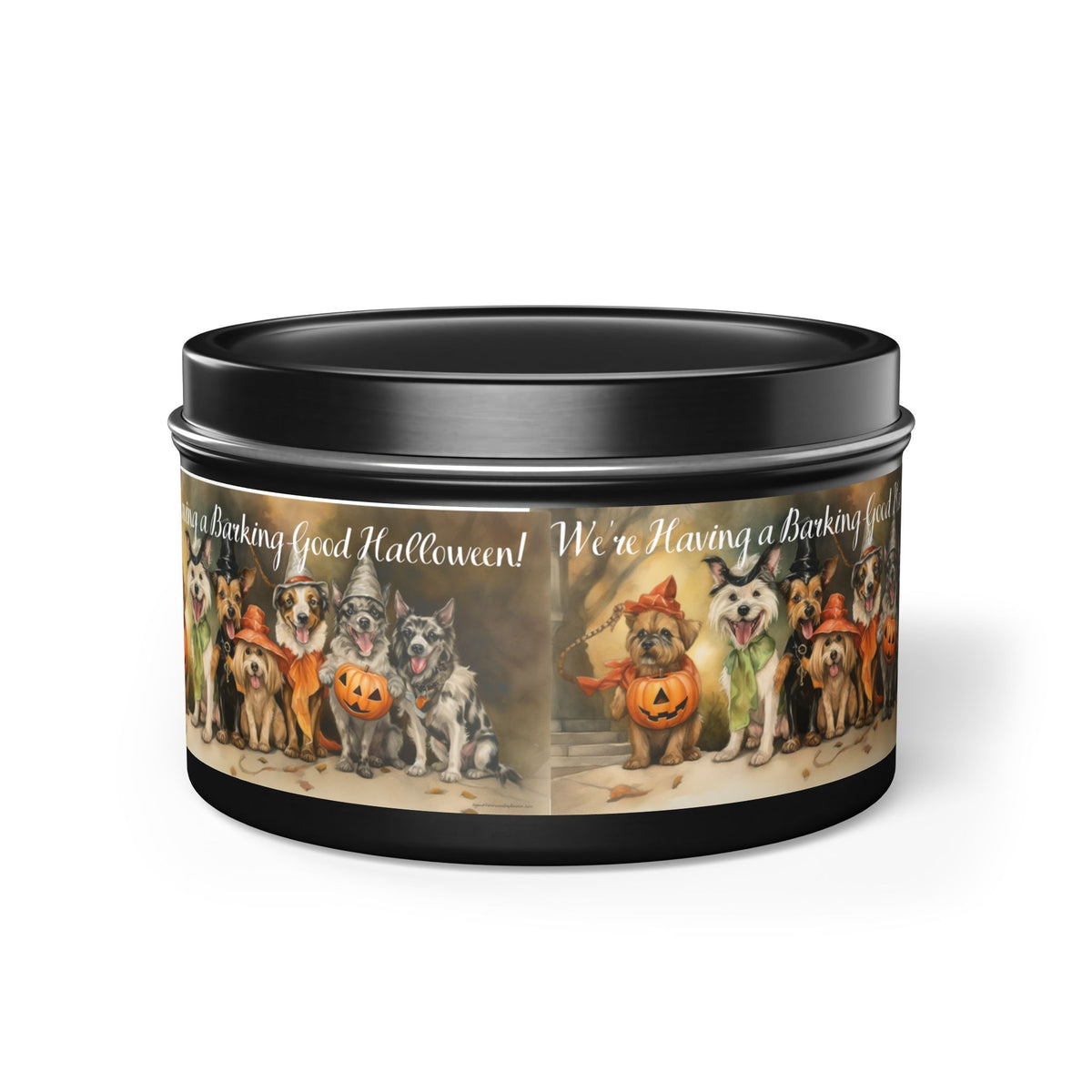 We're Having a Barking Good Halloween! Tin Candle. Spooky Treats in a Tin. Available in 2 sizes, 3 finishes, and 5 scents.