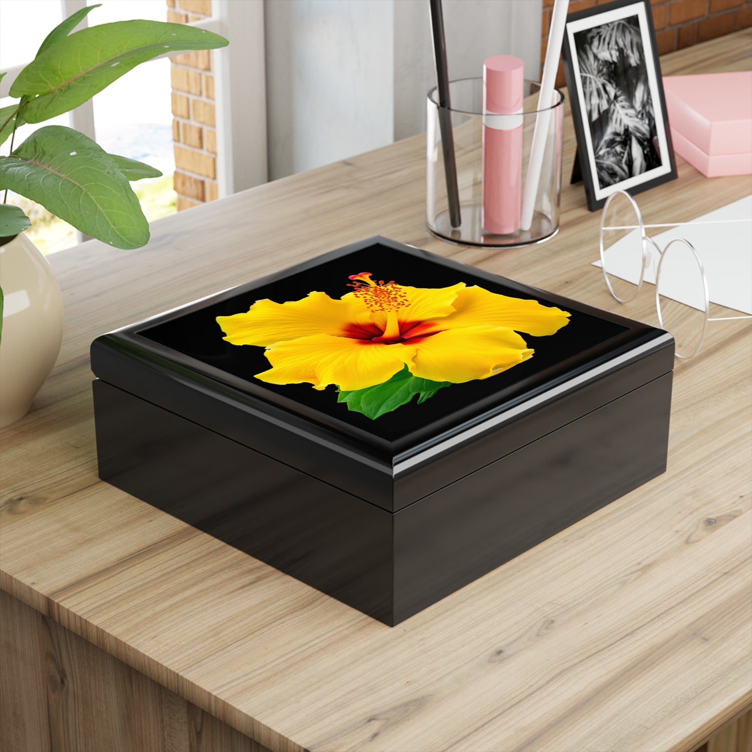 Aloha Hibiscus Black Jewelry Box - High Quality Rubberwood Trinket, Memento Box with Glossy Finish